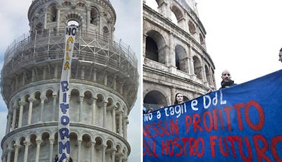 Итальянские студенты захватили вокзалы, мосты, Колизей и Пизанскую башню (ФОТО) / Правительство Берлускони сократило финансирование ВУЗов